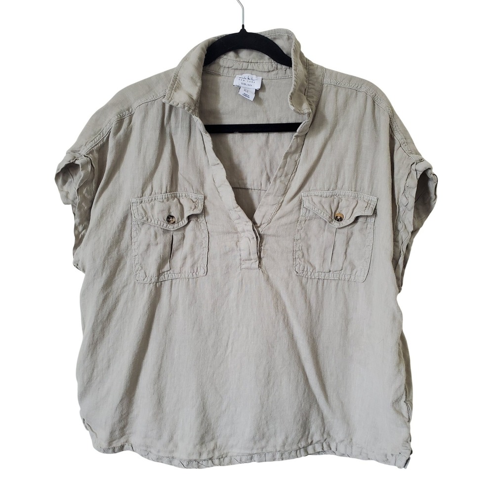 Nicole Miller‎ 100% Linen Popover Top Short Sleeve XL Olive Green Boxy Relaxed